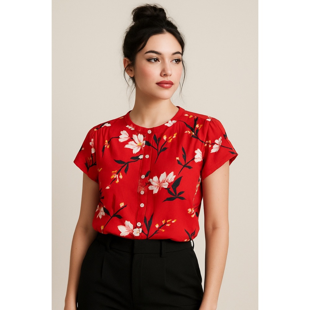 Old Navy Red Floral Printed Banded Collar Blouse Women's L Feminine Office